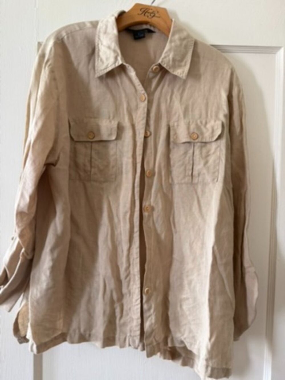 Vintage David Dart 100% Linen Safari Utility Shirt Beige Size L Oversized